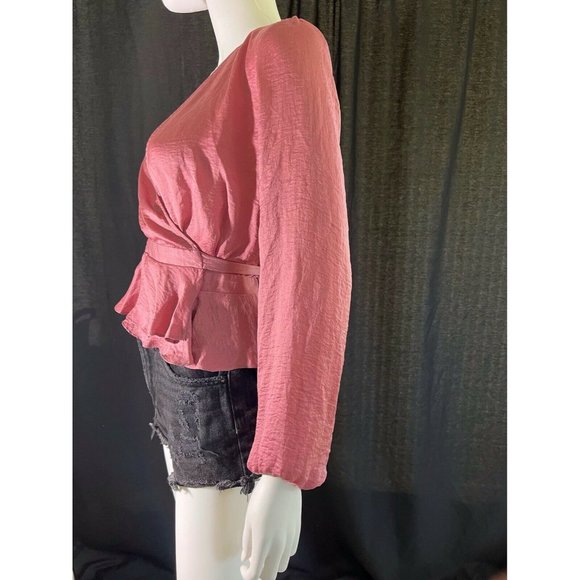 Topshop Women's Blouson Sleeve Wrap Blouse Pink Satin Size US 2 EUR 34 - Picture 9 of 12